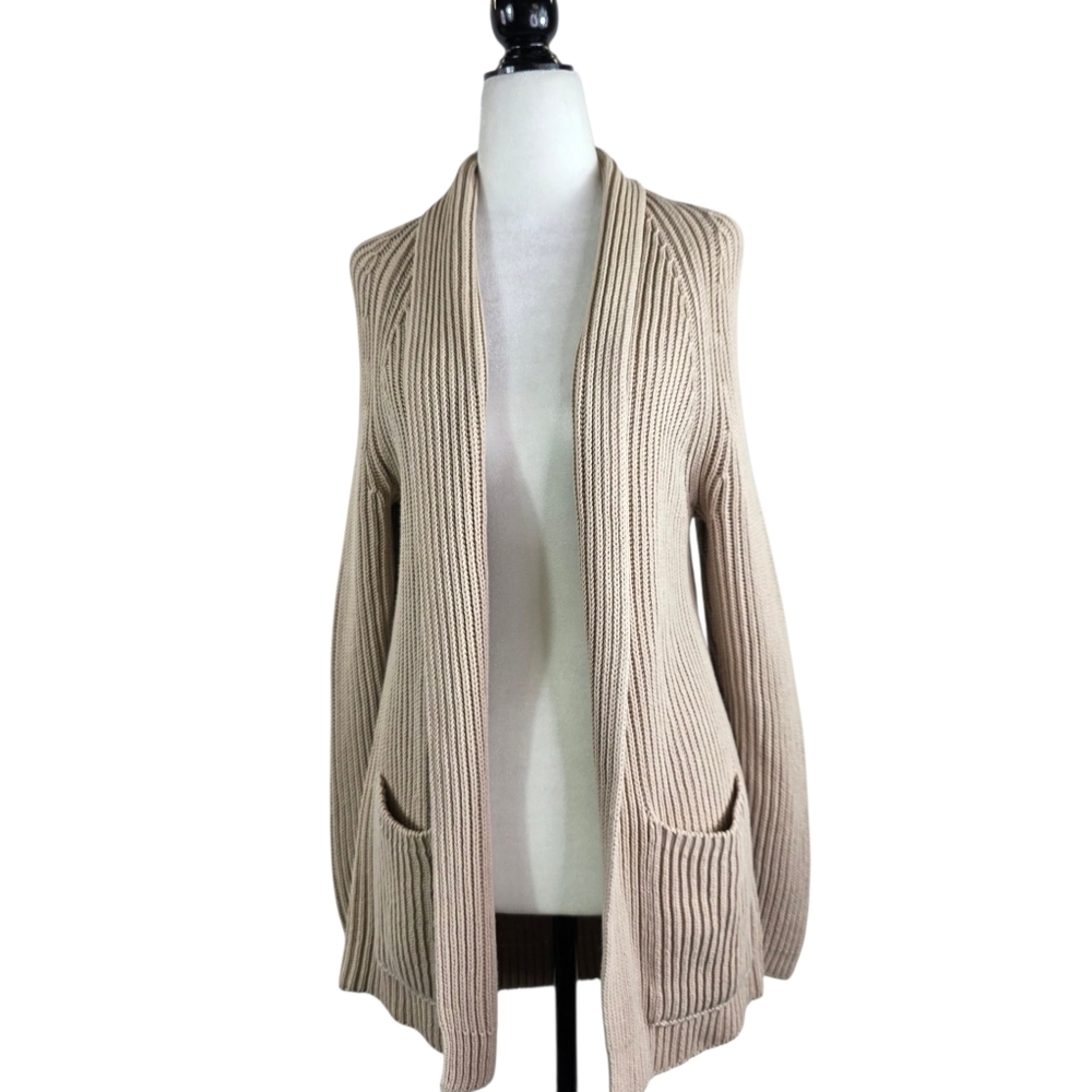Vince 100% Cotton Ribbed Knit Open Front Cardigan in neutral beige